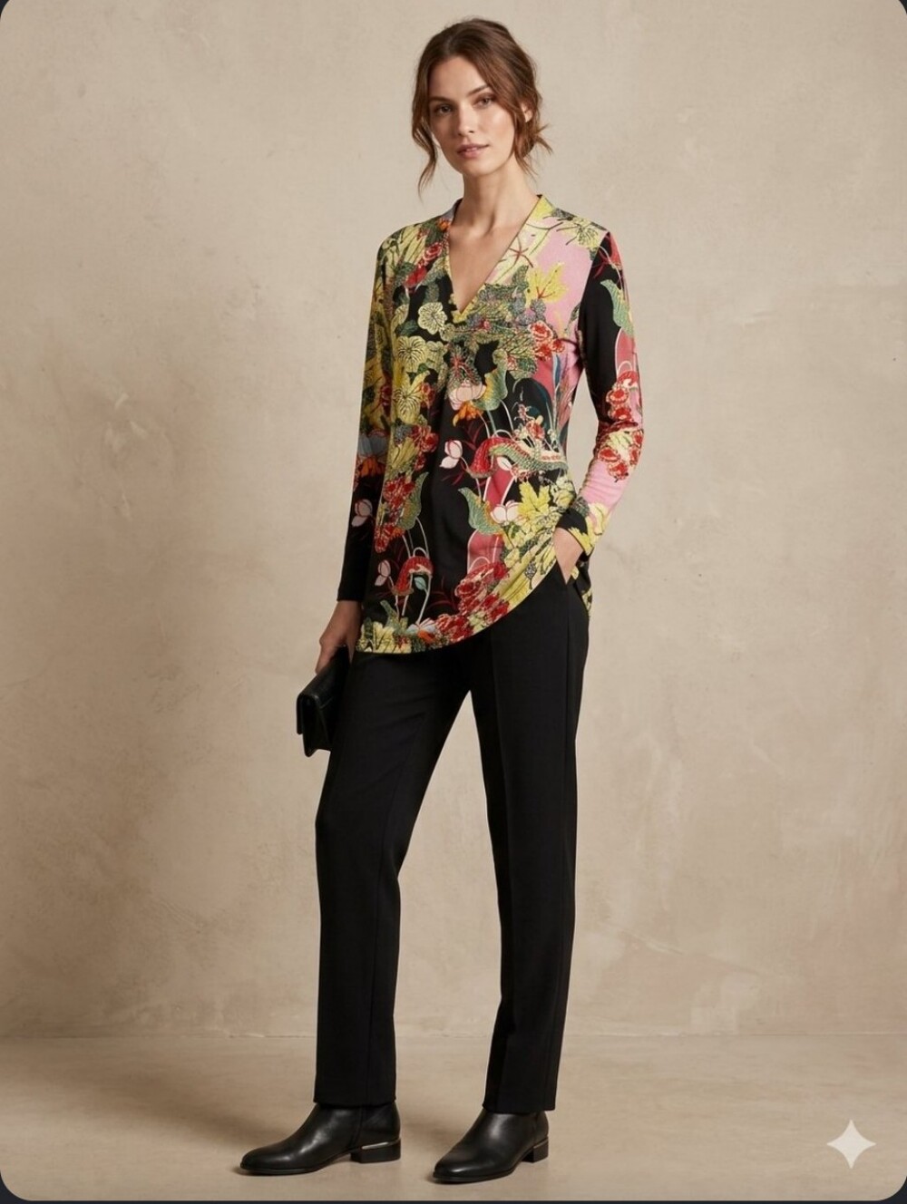 Floral V-Neck Long-Sleeve Blouse - Black Multi